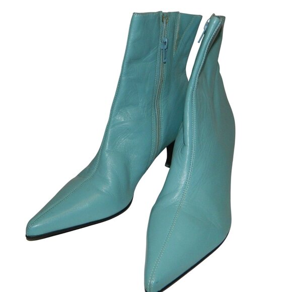 Bronx Aqua Blue Leather Pointed Toe Ankle Boots Size 7.5 Side Zipper Kitten Heel - Picture 1 of 13
